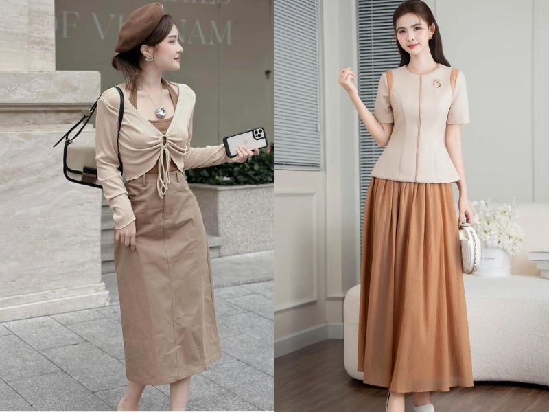 chân váy dài màu kem mặc với áo gì