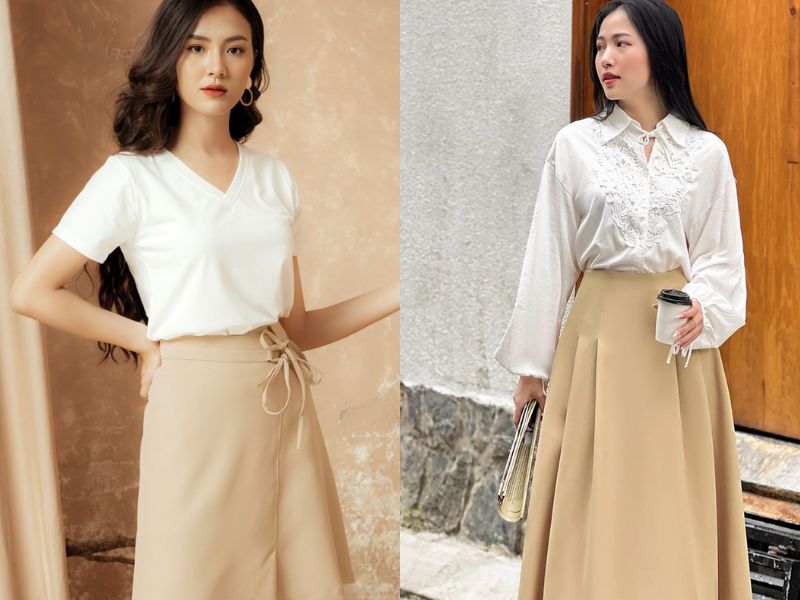 chân váy dài màu kem mặc với áo gì