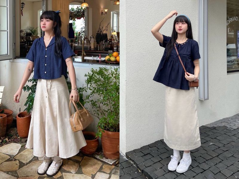 chân váy dài màu kem mặc với áo gì