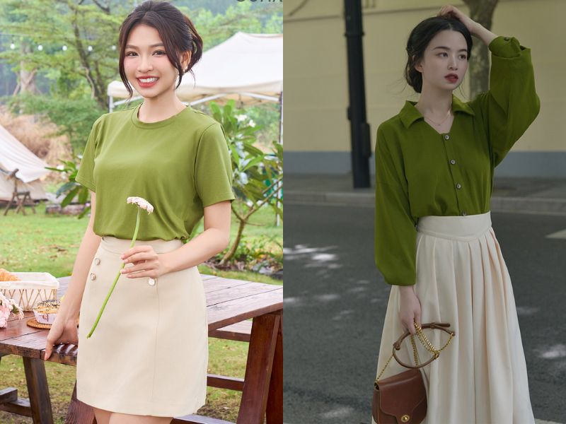 chân váy kem phối áo màu gì