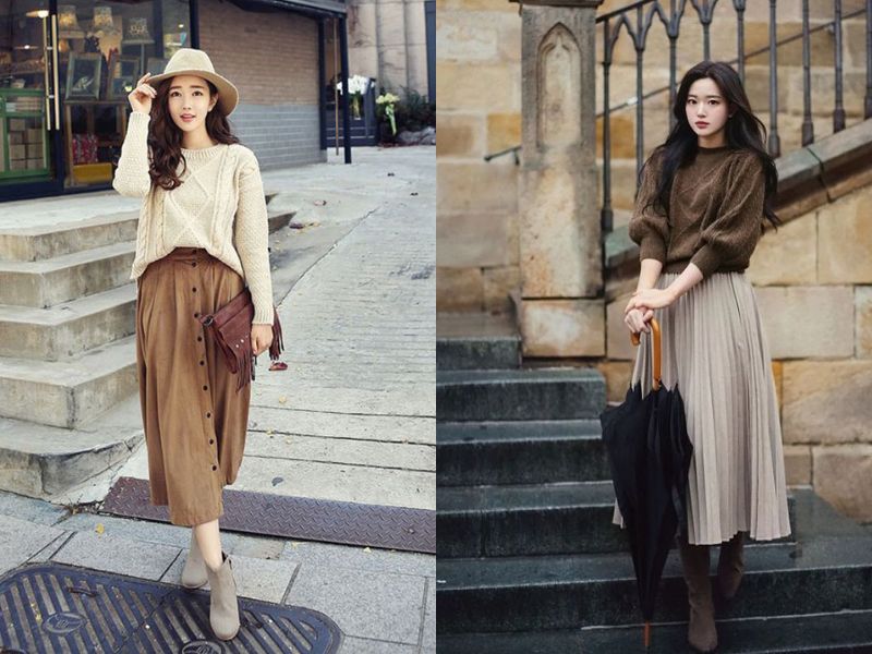 cách phối đồ với chân váy xòe dài mùa đông