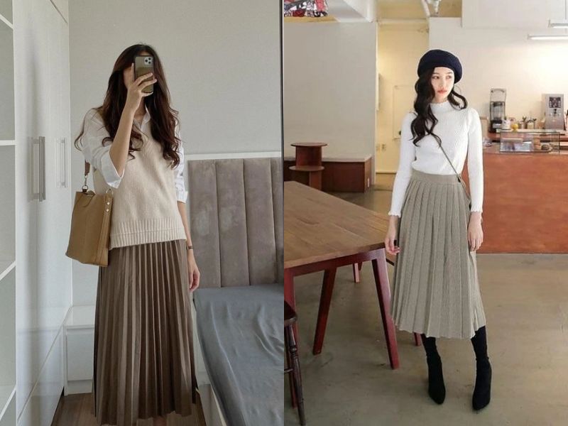 cách phối đồ với chân váy xòe dài mùa đông