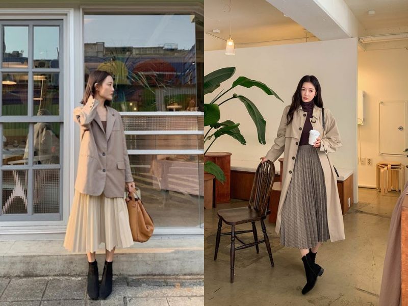 cách phối đồ với chân váy xòe dài mùa đông