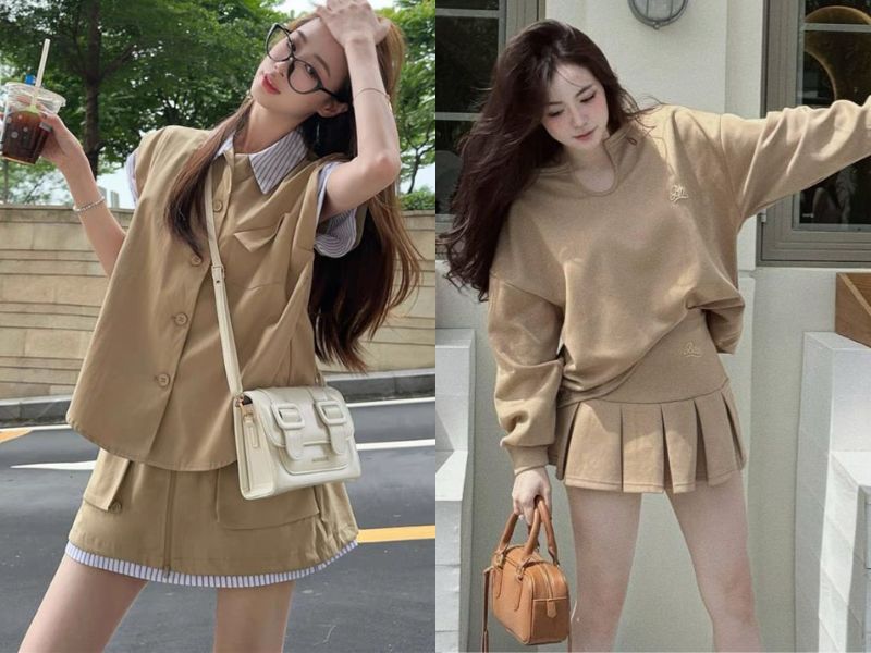 chân váy màu be mặc với áo gì