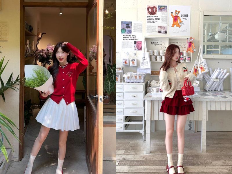 chân váy xòe ngắn phối với áo gì