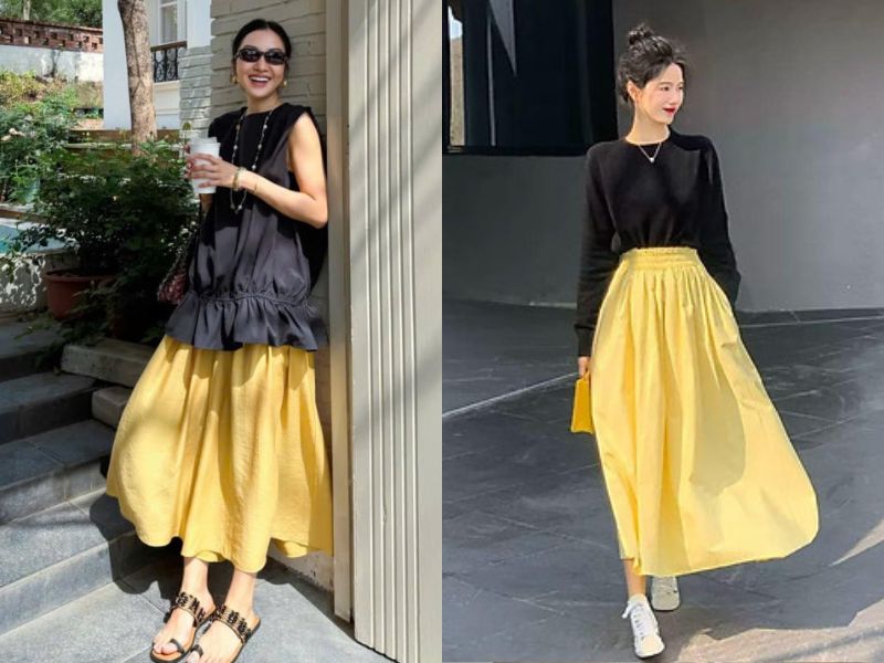 váy màu vàng kết hợp áo màu gì