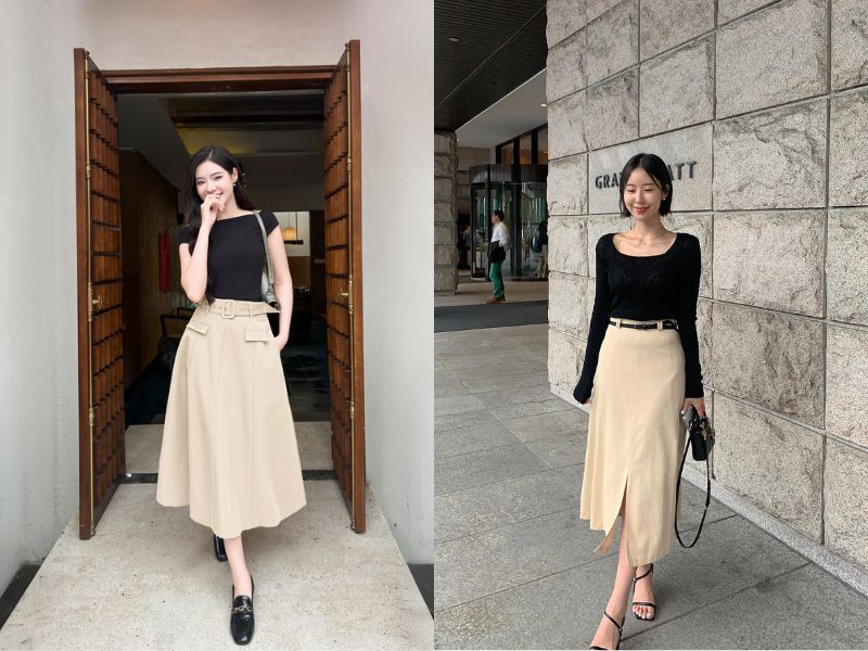 chân váy màu be mặc với áo gì