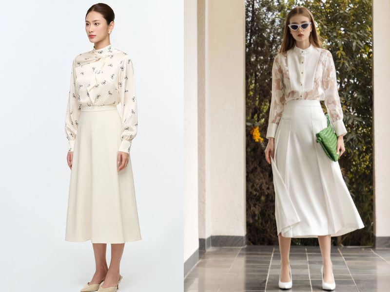 chân váy màu be mặc với áo gì