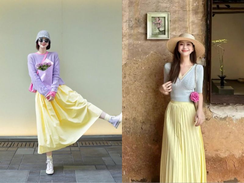 váy màu vàng kết hợp áo màu gì