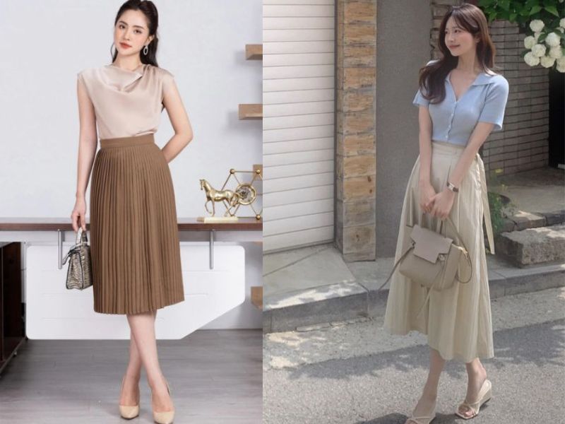 chân váy dài màu be mặc với áo gì