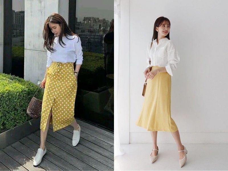 váy màu vàng kết hợp áo màu gì