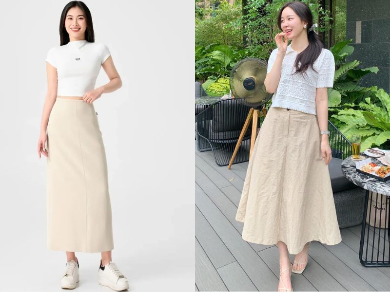 chân váy dài màu be mặc với áo gì