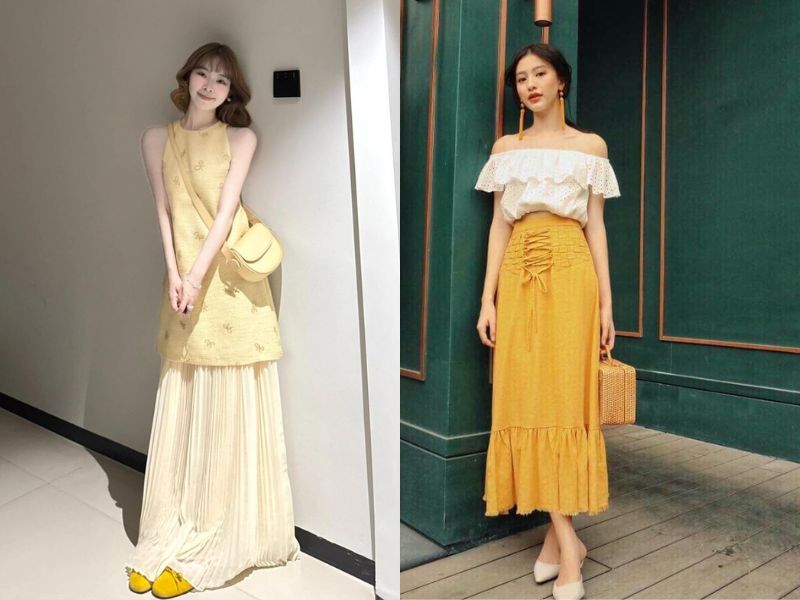 chân váy dài màu vàng phối với áo gì