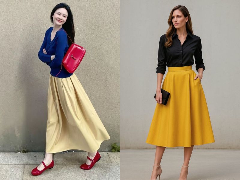 chân váy dài màu vàng phối với áo gì