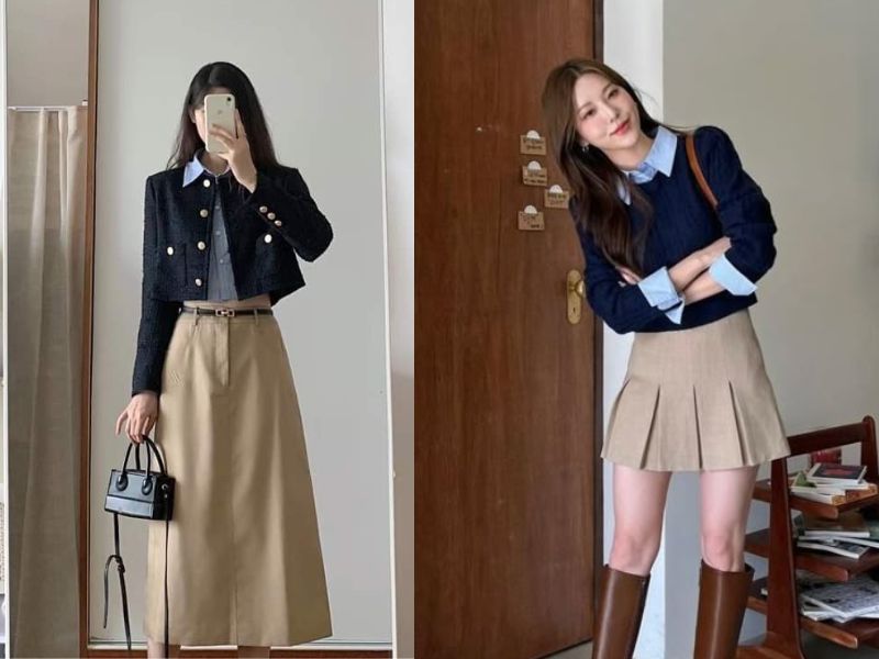 chân váy dài màu be mặc với áo gì