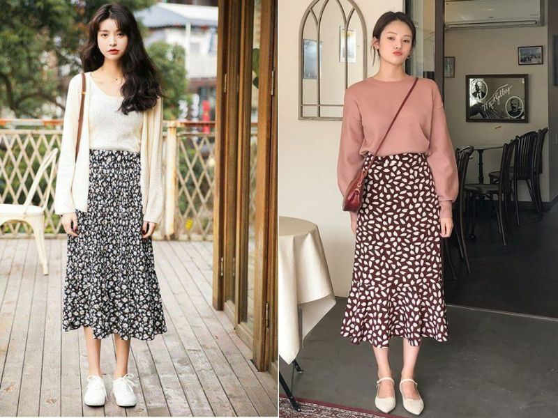 cách phối đồ với chân váy hoa nhí dài