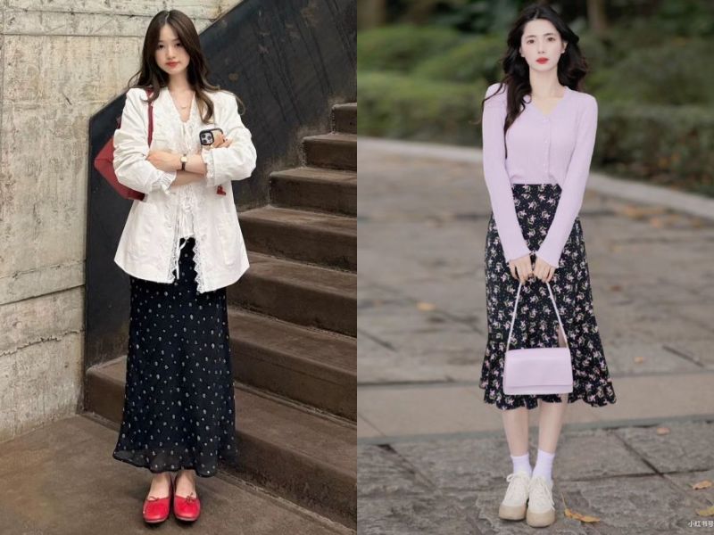 chân váy hoa nhí mặc với áo gì