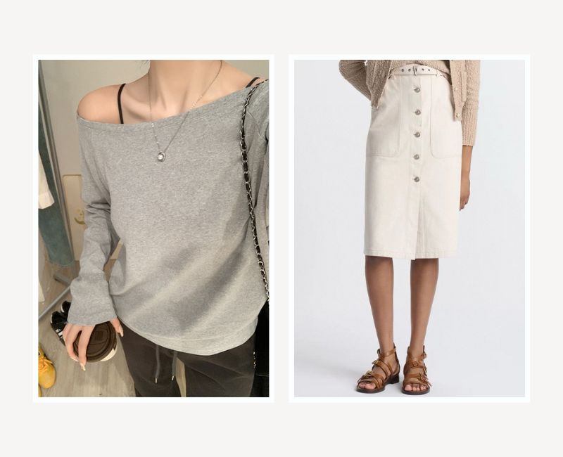 chân váy kem phối với áo màu ghi, xám