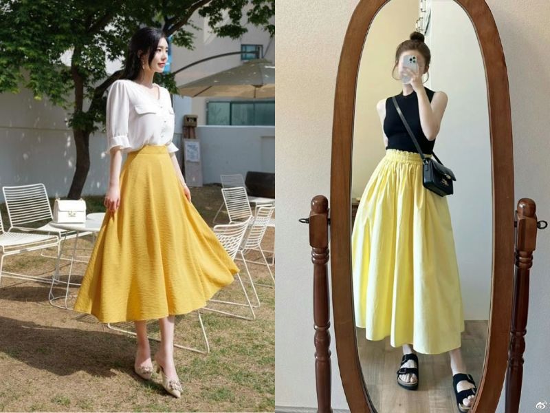 chân váy dài màu vàng phối với áo gì
