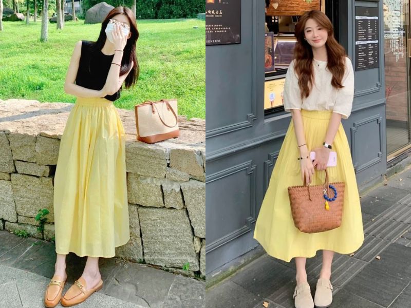 chân váy dài màu vàng phối với áo gì