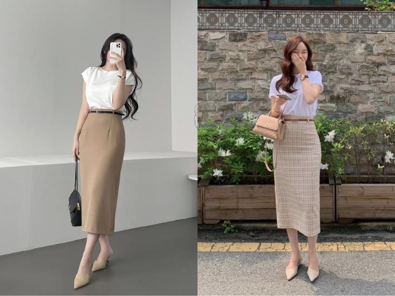 chân váy dài màu be mặc với áo gì