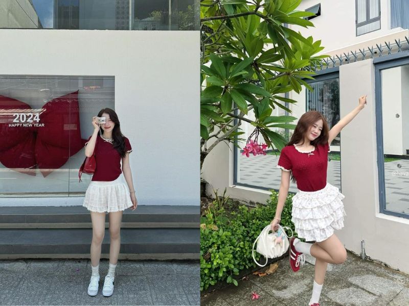 chân váy xòe ngắn mặc với áo gì