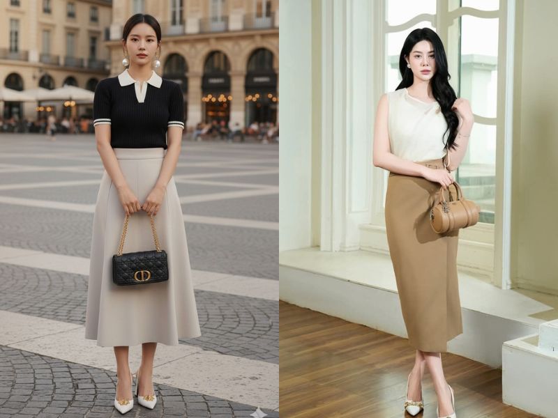 chân váy dài màu be mặc với áo gì