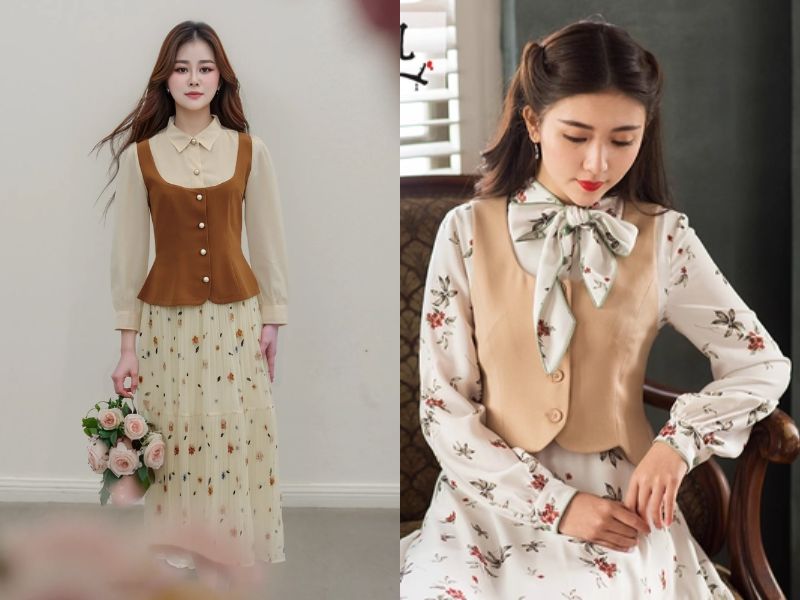 phối chân váy hoa nhí dài