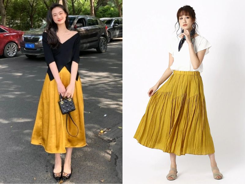 chân váy dài màu vàng phối với áo gì