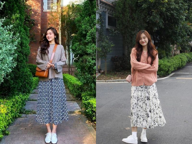 phối chân váy hoa nhí dài
