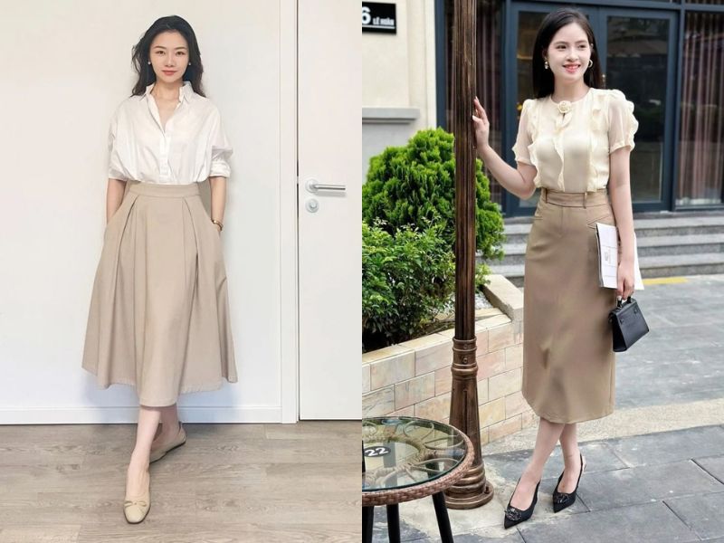 chân váy màu be mặc với áo gì