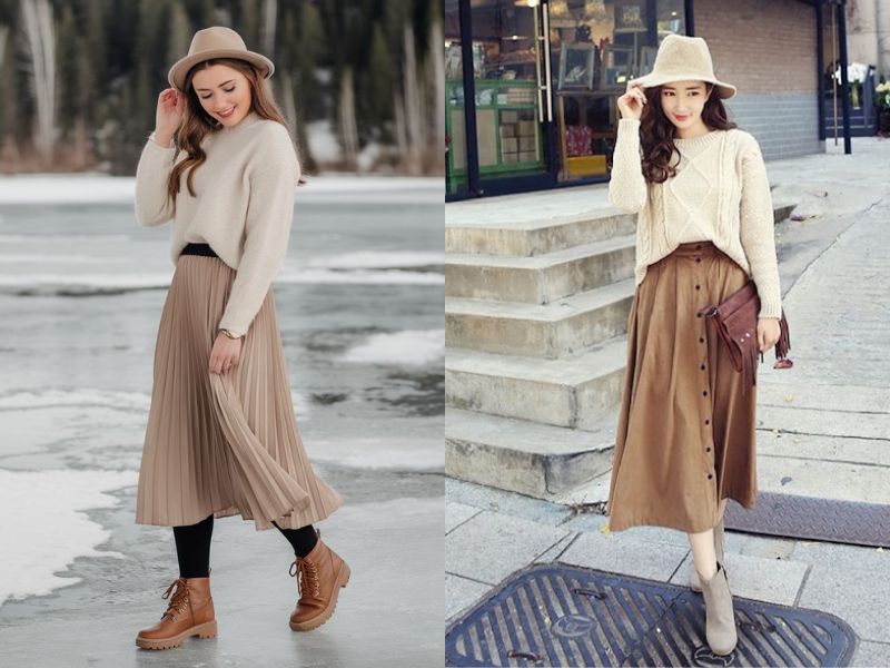 chân váy màu be mặc với áo gì