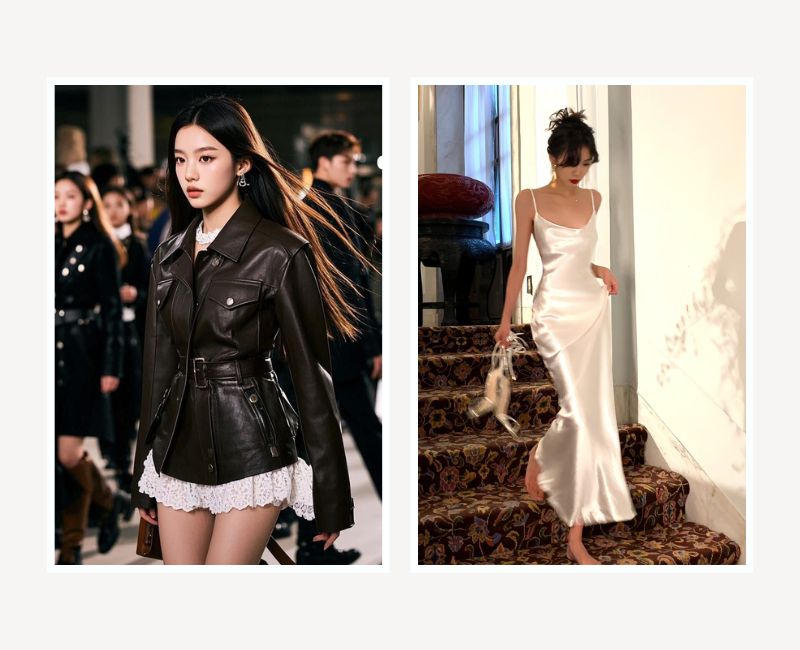 phối áo khoác da với váy 2 dây