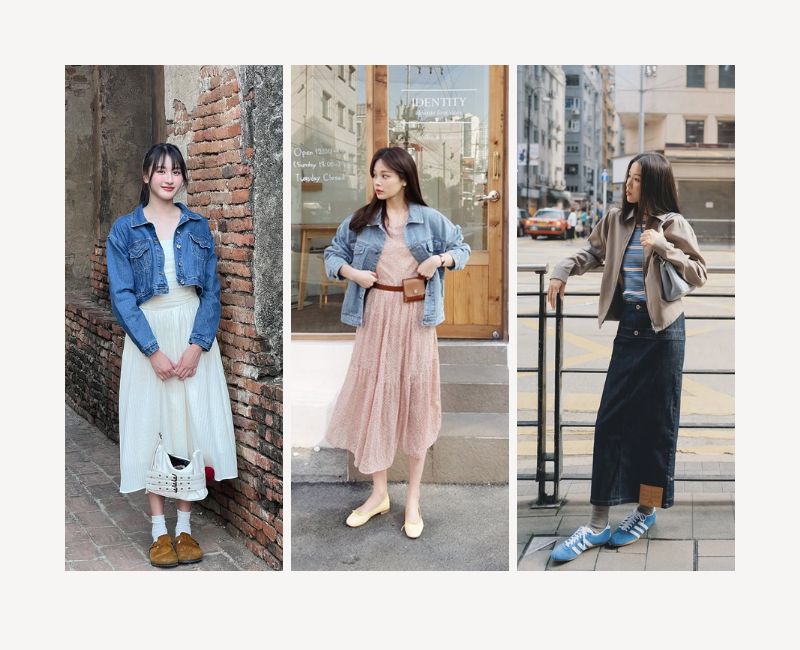 phối chân váy xoè dài và áo khoác jacket denim