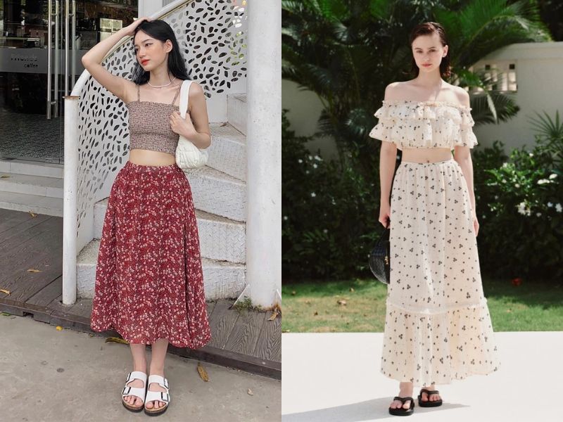 phối chân váy hoa nhí dài