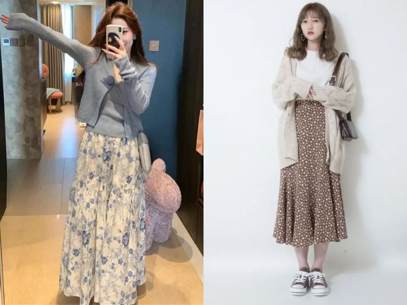 phối chân váy hoa nhí dài