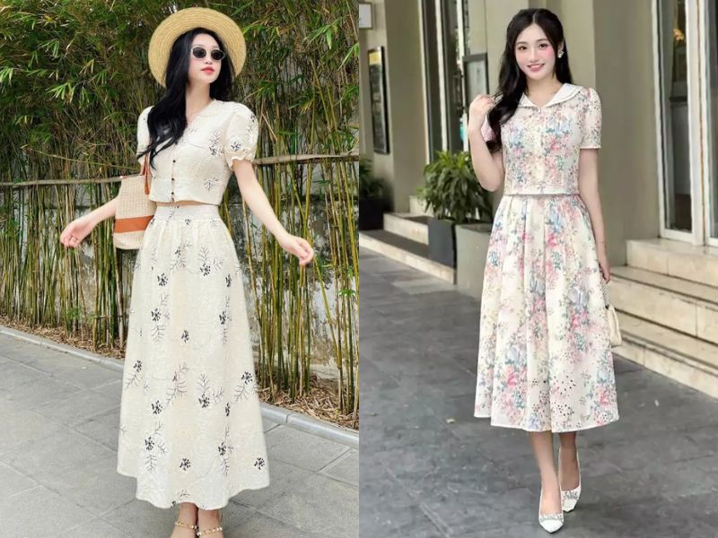 phối chân váy hoa nhí dài