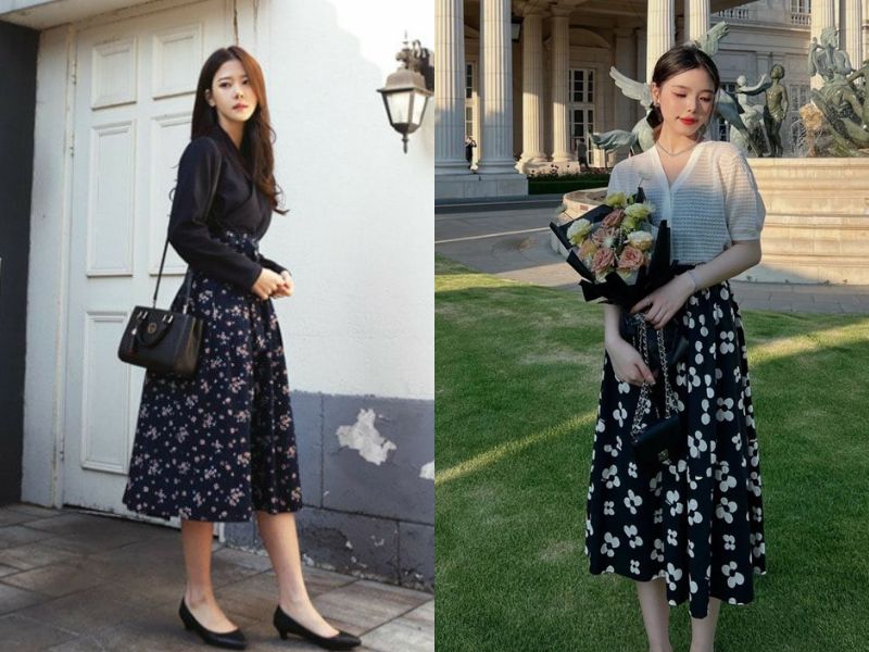 chân váy hoa nhí mặc với áo gì