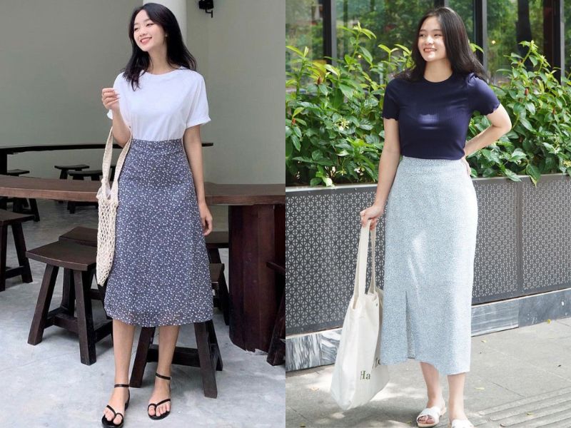 chân váy hoa nhí mặc với áo gì