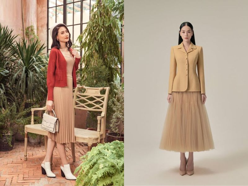 chân váy màu be mặc với áo gì
