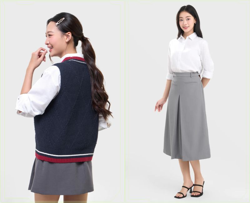phối chân váy xám với áo trắng và áo đen
