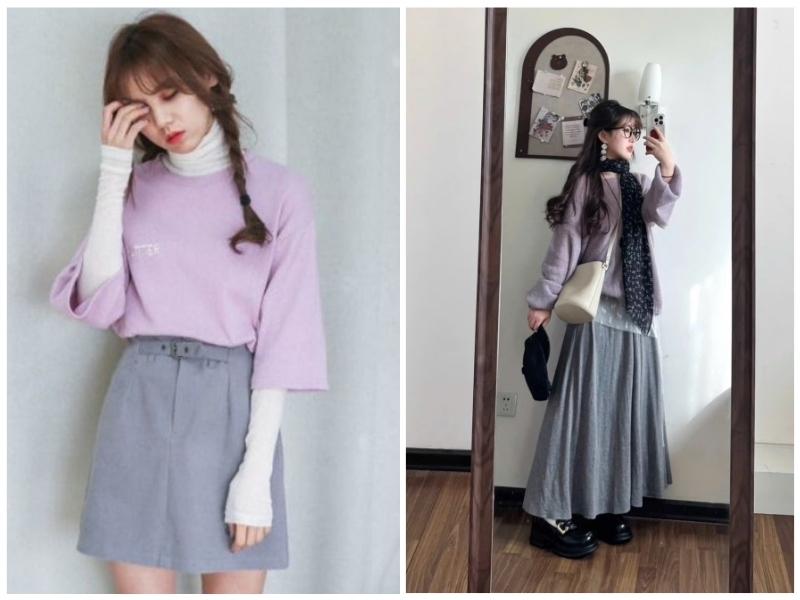 Chân váy xám phối áo màu gì