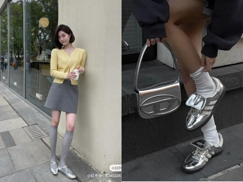 giày màu bạc cực kỳ match với chân váy màu ghi