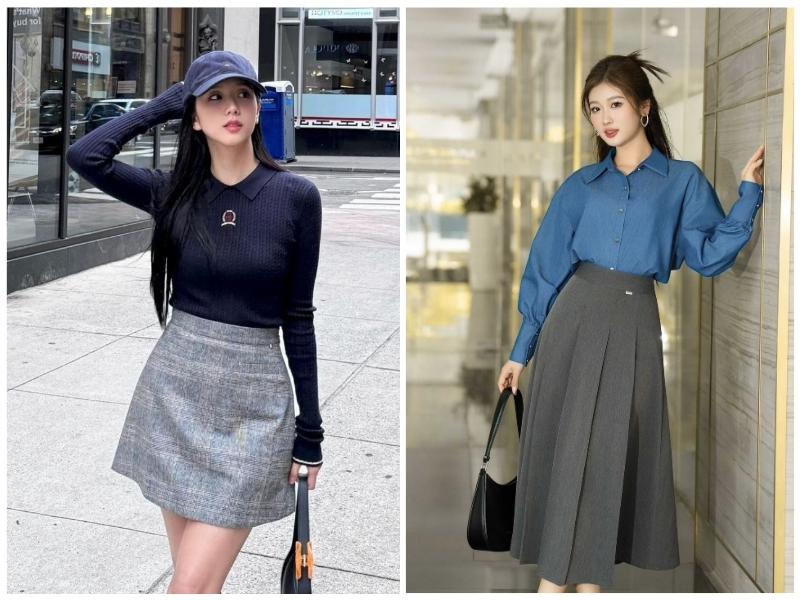 Chân váy xám phối áo màu gì