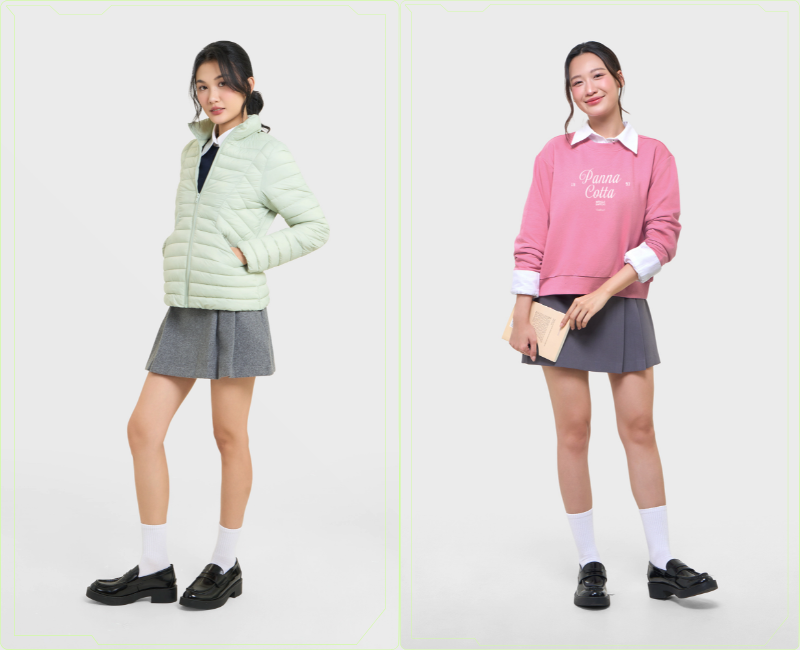 chân váy xám mix áo màu pastel