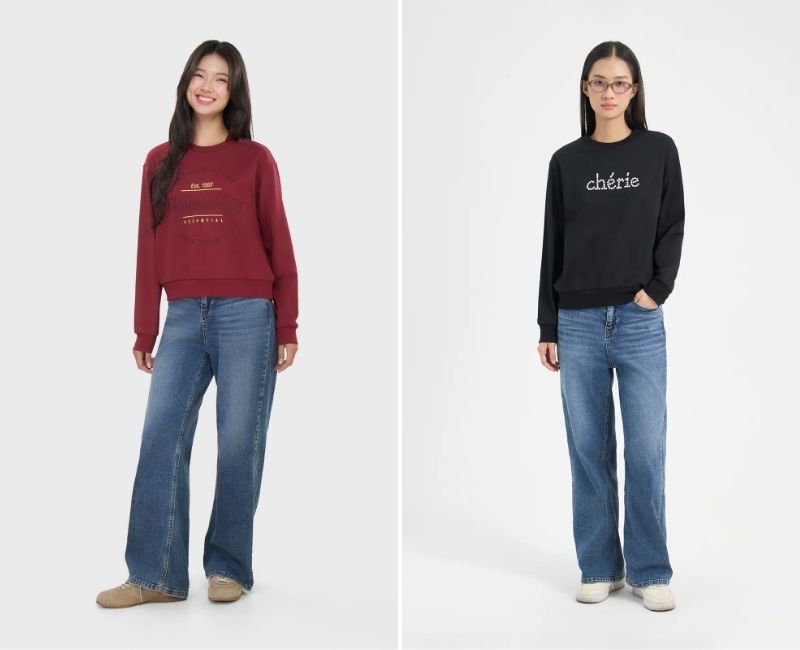 sweater suông hoặc ôm mặc với quần jean ống rộng