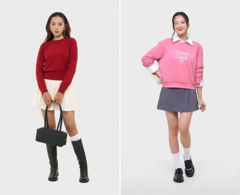 sweater nữ mặc với chân váy tennis ngắn xếp ly
