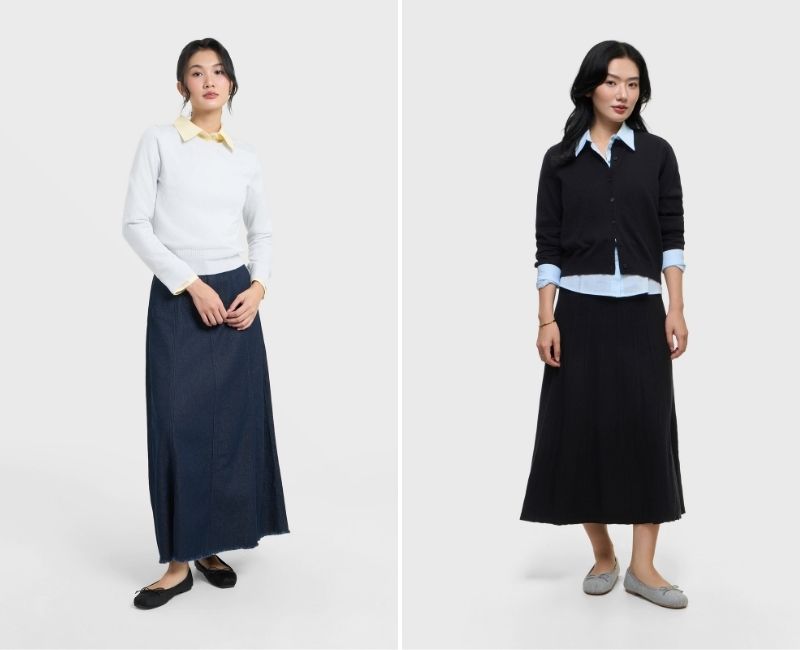 phối đồ với chân váy dài và áo sweater