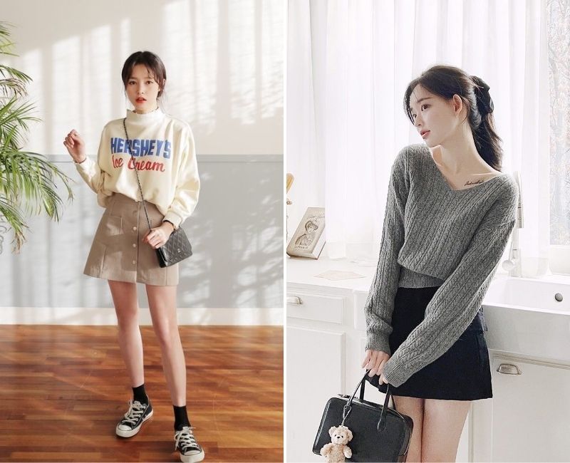 phối sweater form rộng với chân váy chữ a