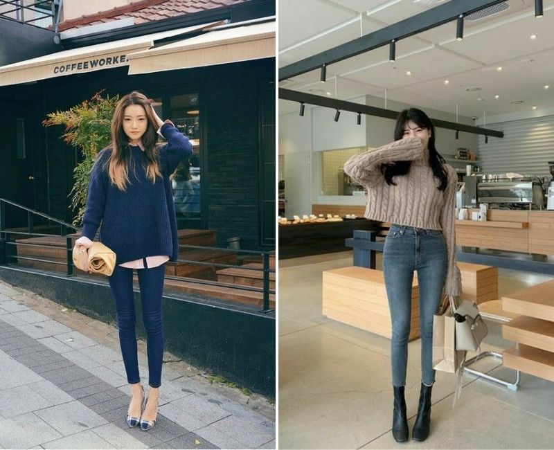 phối áo sweater với quần skinny ôm sát
